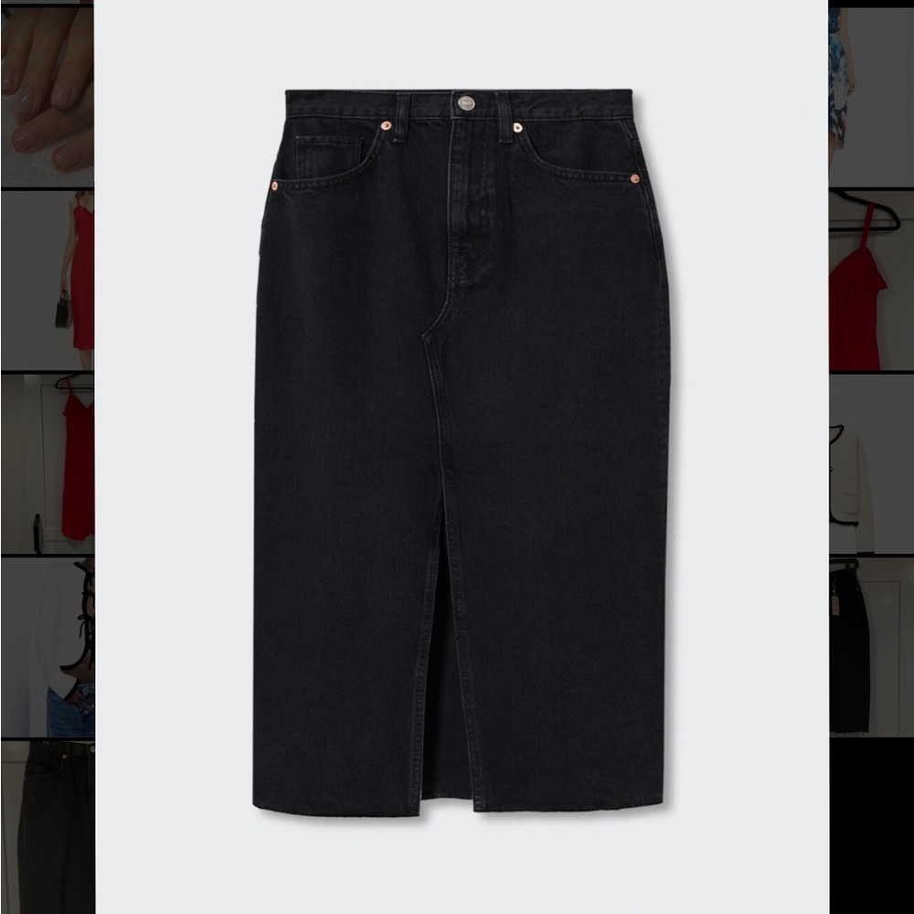 NWT Mango Front Slit Raw Hem Black Denim Midi Skirt